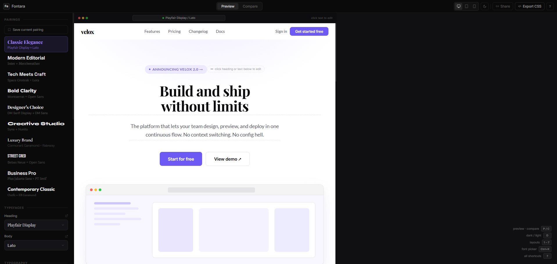 Fontara — main app interface with sidebar controls and startup layout preview