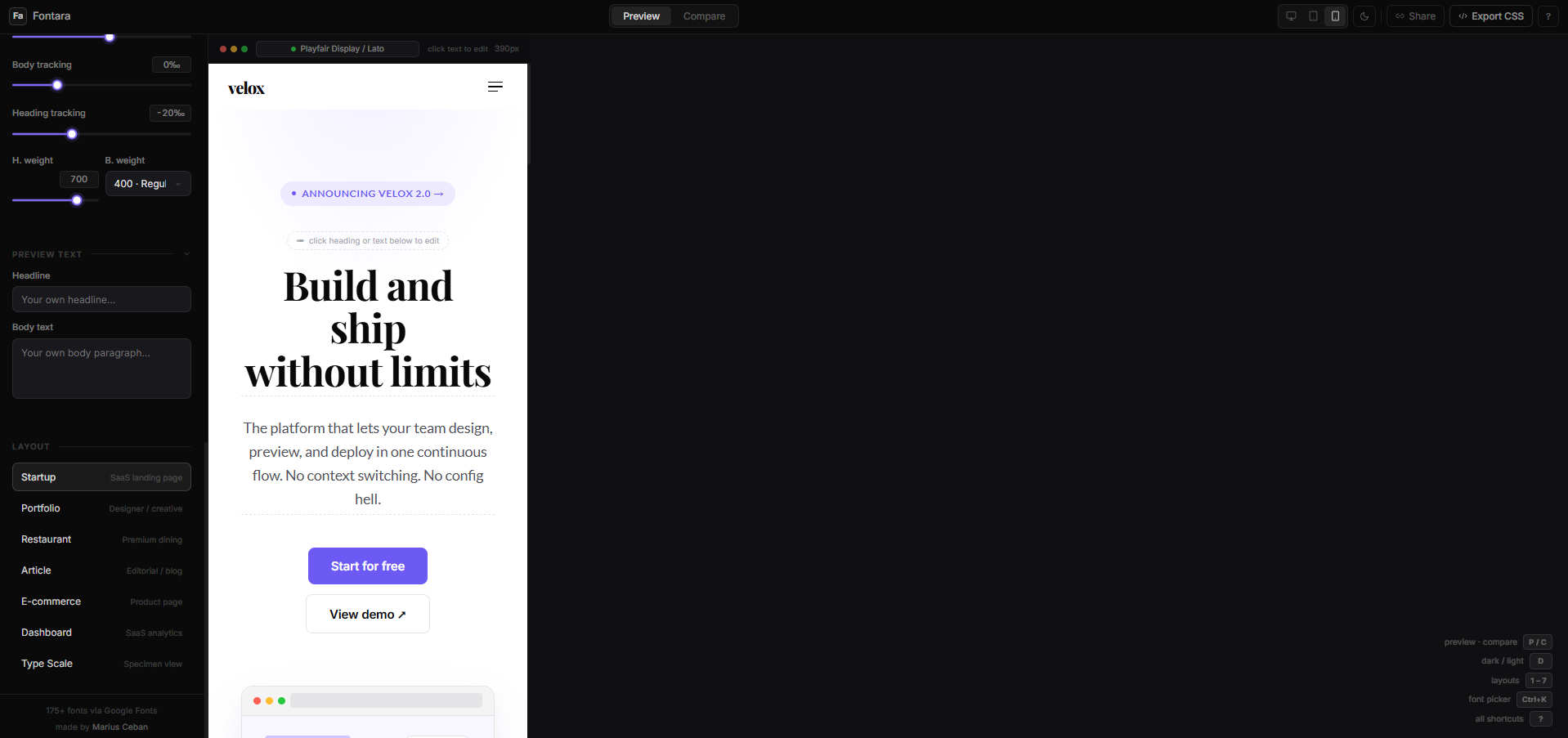 Fontara — mobile preview view on phone