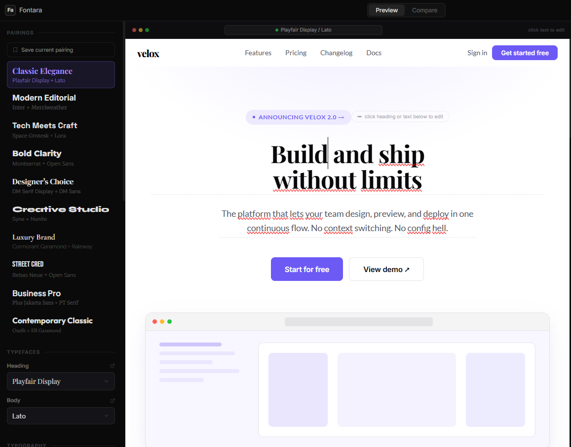 Fontara — editable preview text: click to type directly on the canvas